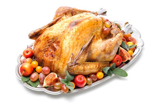 Cooked turkey on platter of veggies