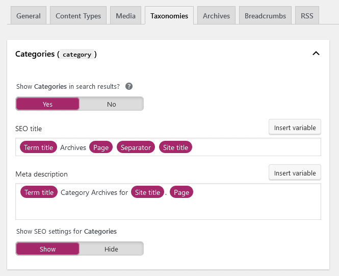 Screen shot of Yoast's categories tool and meta description under the taxonomies tab