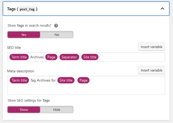 Screen shot of Yoast's tag and meta description fields
