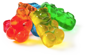 four gummy bear candies stacked