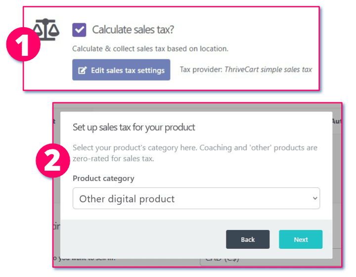 Screenshot of ThriveCart tax setup