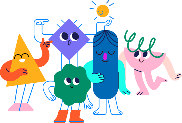 Illustration of 5 colourful shape characters pointing to a yellow ball.